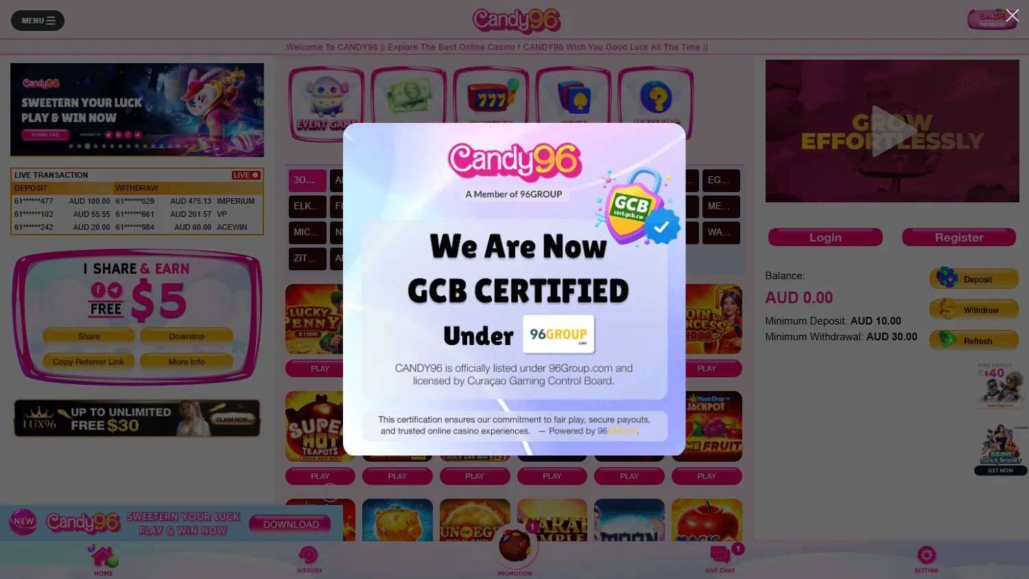 Candy96 Casino desktop games lobby with casino categories and game titles