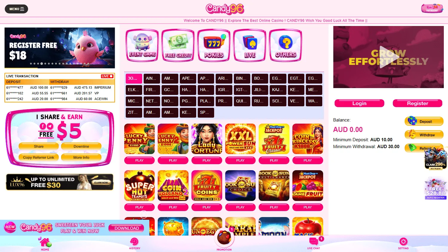 Candy96 Casino desktop home screen with the welcome offer and account access