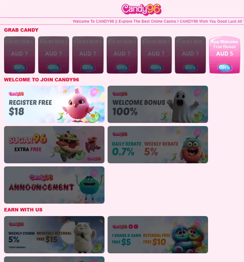 Candy96 Casino desktop promotions area showing welcome and deposit offers