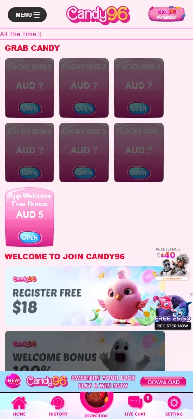 Candy96 Casino mobile promotions view with welcome bonus details